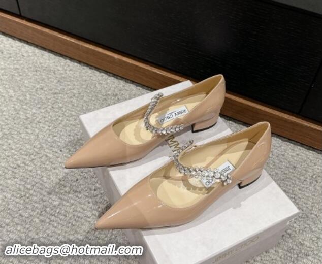 Stylish Jimmy Choo Bing Pump Flat 2.5cm with Strass Strap in Patent Calfskin Nude 606064