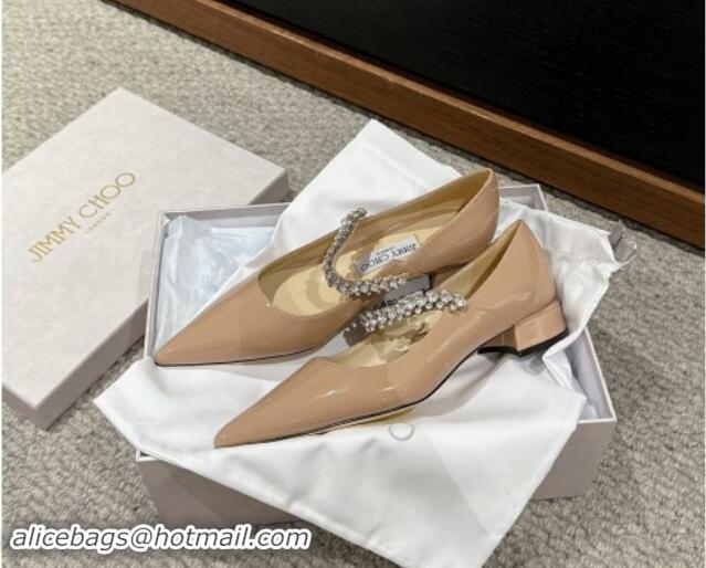 Stylish Jimmy Choo Bing Pump Flat 2.5cm with Strass Strap in Patent Calfskin Nude 606064