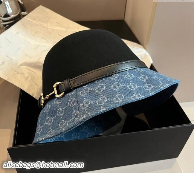 Buy Inexpensive Gucci Horsebit Bucket Hat in Wool and GG Denim 3034 Black/Blue 2024