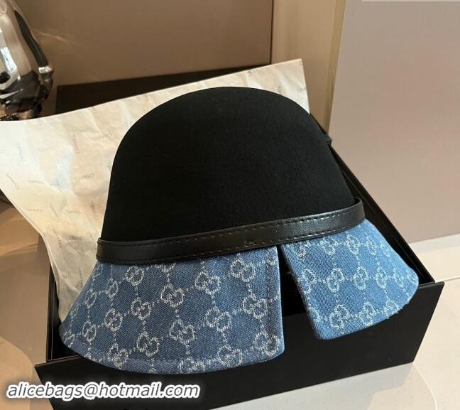 Buy Inexpensive Gucci Horsebit Bucket Hat in Wool and GG Denim 3034 Black/Blue 2024