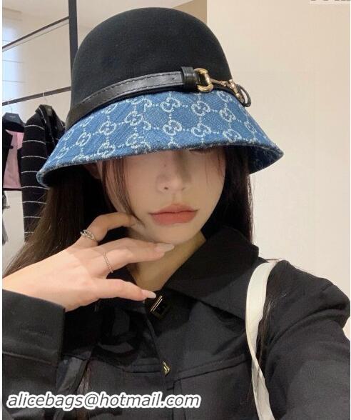 Buy Inexpensive Gucci Horsebit Bucket Hat in Wool and GG Denim 3034 Black/Blue 2024