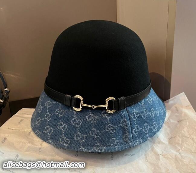 Buy Inexpensive Gucci Horsebit Bucket Hat in Wool and GG Denim 3034 Black/Blue 2024