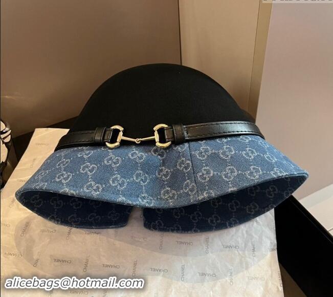 Buy Inexpensive Gucci Horsebit Bucket Hat in Wool and GG Denim 3034 Black/Blue 2024