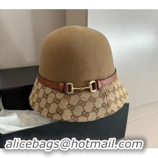 Top Grade Gucci Horsebit Bucket Hat in Wool and GG Canvas Camel 3034 Brown 2024