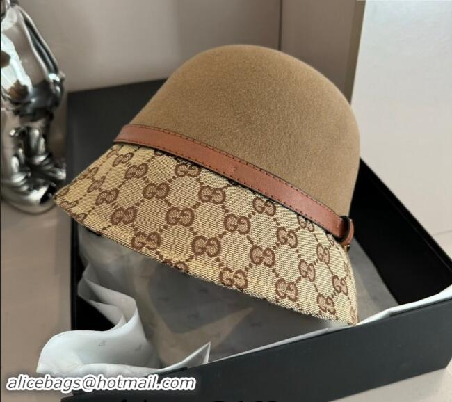 Top Grade Gucci Horsebit Bucket Hat in Wool and GG Canvas Camel 3034 Brown 2024