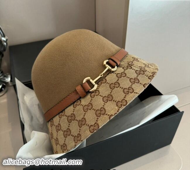 Top Grade Gucci Horsebit Bucket Hat in Wool and GG Canvas Camel 3034 Brown 2024