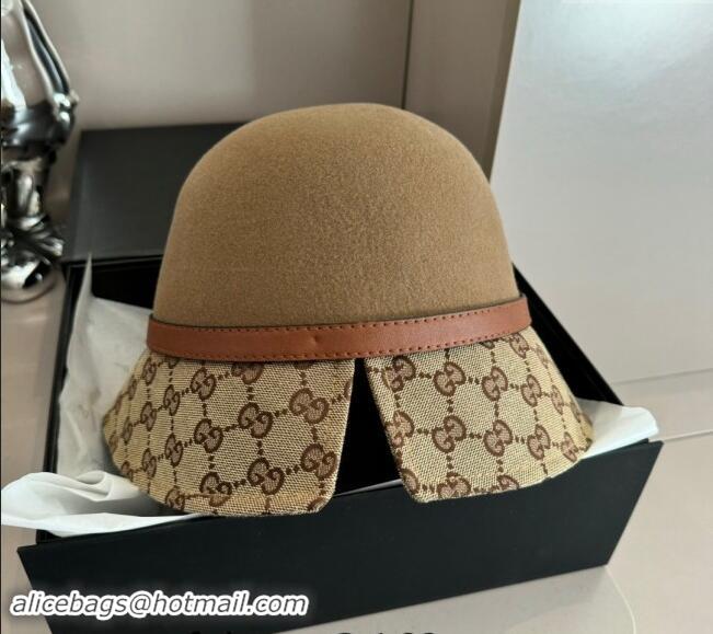 Top Grade Gucci Horsebit Bucket Hat in Wool and GG Canvas Camel 3034 Brown 2024