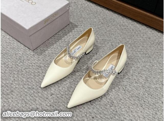 Unique Discount Jimmy Choo Bing Pump Flat 2.5cm with Strass Strap in Patent Calfskin White 606066