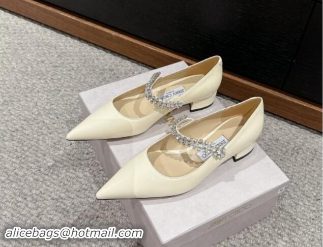 Unique Discount Jimmy Choo Bing Pump Flat 2.5cm with Strass Strap in Patent Calfskin White 606066