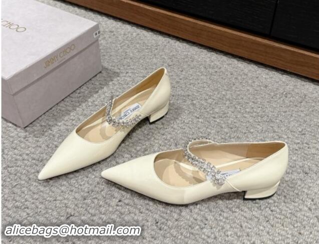 Unique Discount Jimmy Choo Bing Pump Flat 2.5cm with Strass Strap in Patent Calfskin White 606066