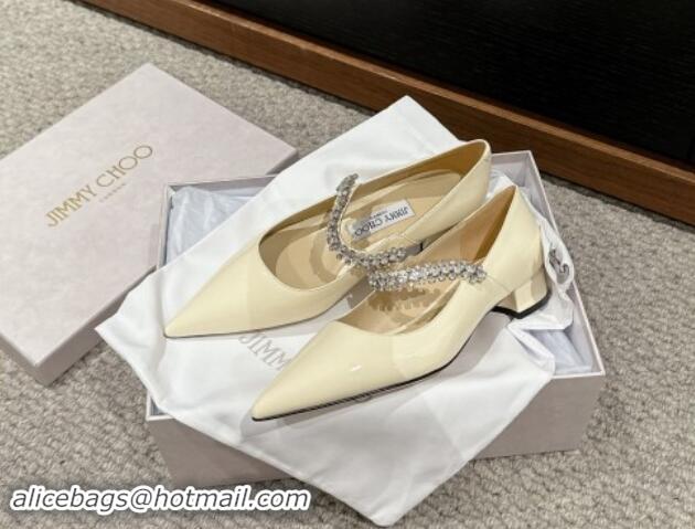 Unique Discount Jimmy Choo Bing Pump Flat 2.5cm with Strass Strap in Patent Calfskin White 606066