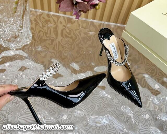 Crafted Jimmy Choo Bing Patent Leather Heel Mules 8.5cm with Strass Strap Black 724035