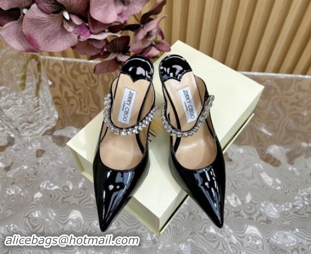 Crafted Jimmy Choo Bing Patent Leather Heel Mules 8.5cm with Strass Strap Black 724035