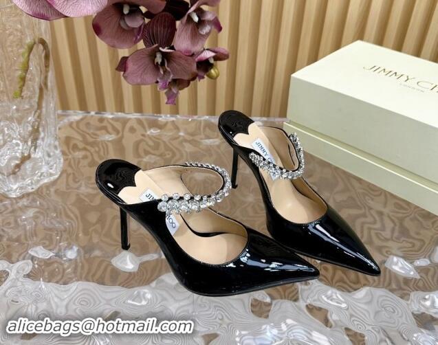 Crafted Jimmy Choo Bing Patent Leather Heel Mules 8.5cm with Strass Strap Black 724035