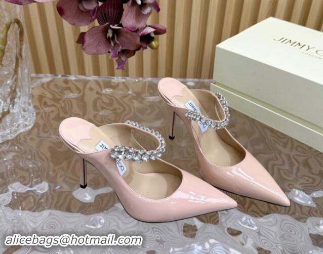 Expensive Jimmy Choo Bing Patent Leather Heel Mules 8.5cm with Strass Strap Light Pink 724036