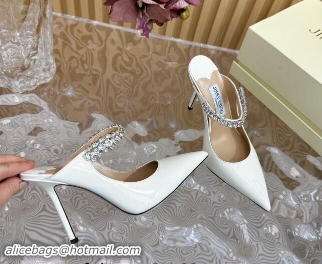 Leisure Jimmy Choo Bing Patent Leather Heel Mules 8.5cm with Strass Strap White 724037