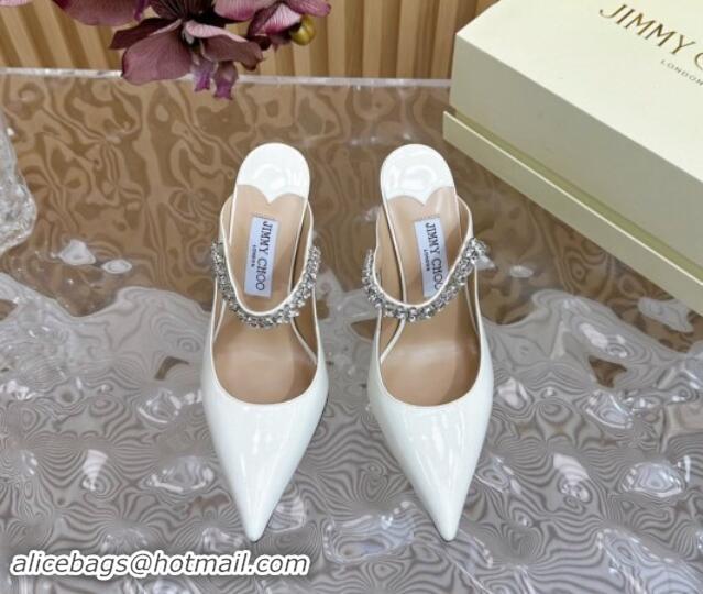 Leisure Jimmy Choo Bing Patent Leather Heel Mules 8.5cm with Strass Strap White 724037