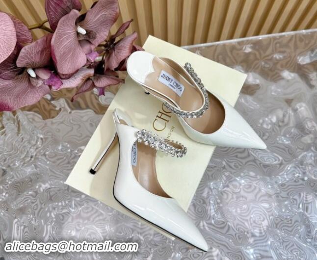 Leisure Jimmy Choo Bing Patent Leather Heel Mules 8.5cm with Strass Strap White 724037