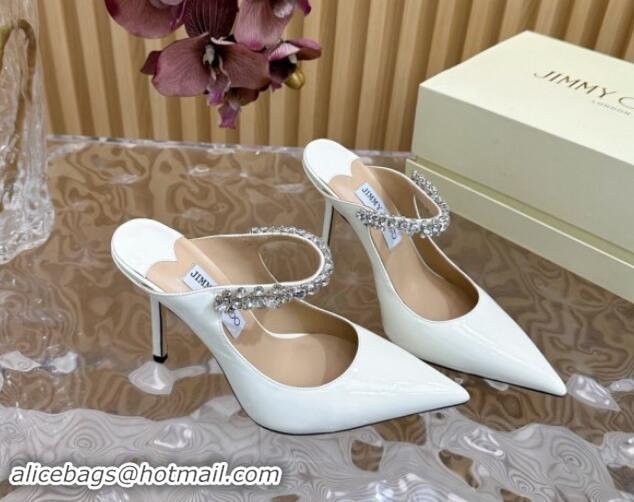 Leisure Jimmy Choo Bing Patent Leather Heel Mules 8.5cm with Strass Strap White 724037