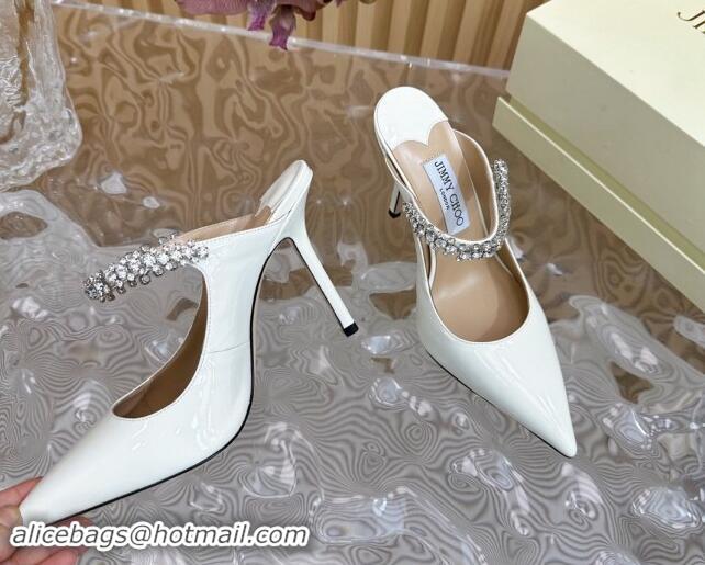 Leisure Jimmy Choo Bing Patent Leather Heel Mules 8.5cm with Strass Strap White 724037