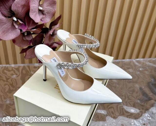 Leisure Jimmy Choo Bing Patent Leather Heel Mules 8.5cm with Strass Strap White 724037