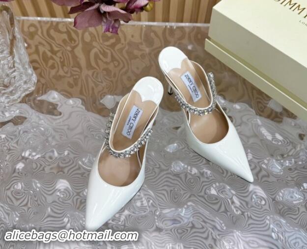 Leisure Jimmy Choo Bing Patent Leather Heel Mules 8.5cm with Strass Strap White 724037