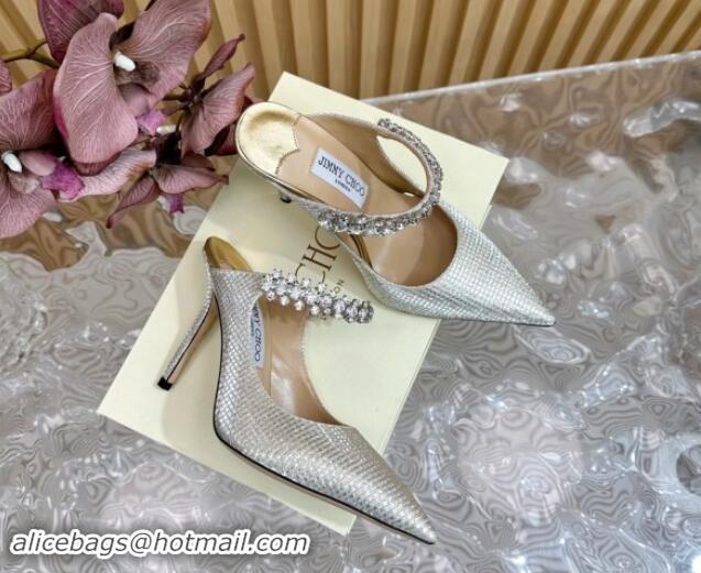 Pretty Style Jimmy Choo Bing Heel Mules 8.5cm with Strass Strap in Diamond-Glitter Fabric Silver 724038