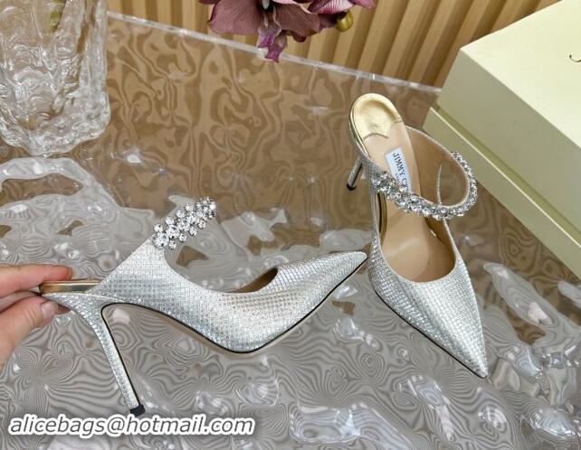 Pretty Style Jimmy Choo Bing Heel Mules 8.5cm with Strass Strap in Diamond-Glitter Fabric Silver 724038