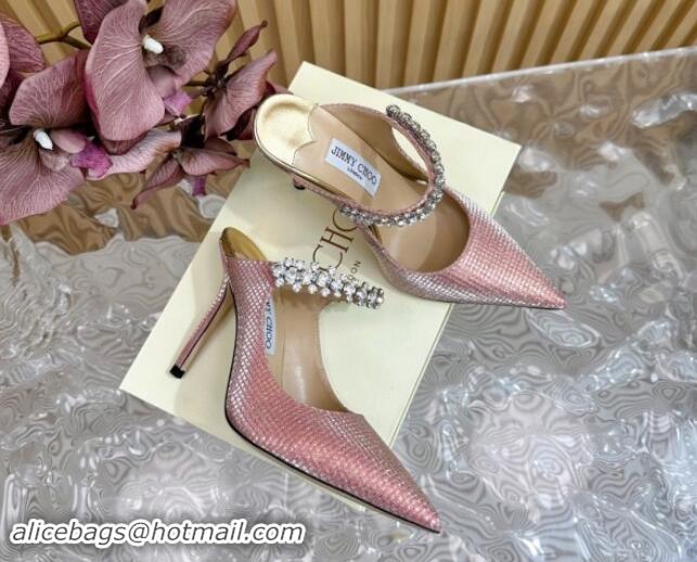 Shop Duplicate Jimmy Choo Bing Heel Mules 8.5cm with Strass Strap in Diamond-Glitter Fabric Pink 724039