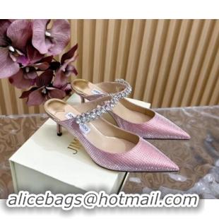 Top Design Jimmy Choo Bing Heel Mules 6.5cm with Strass Strap in Diamond-Glitter Fabric Pink 724040