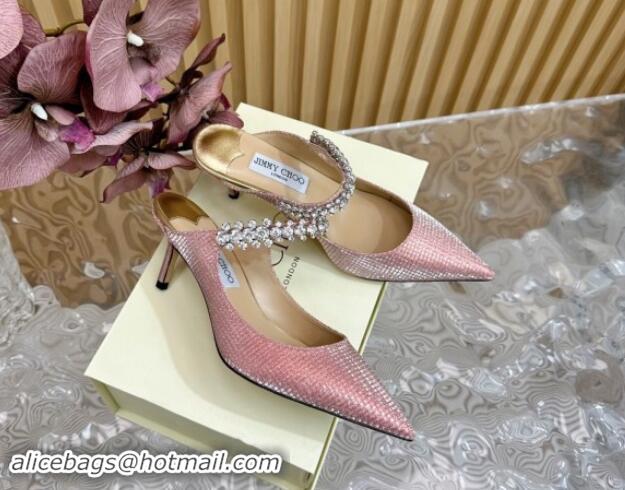 Top Design Jimmy Choo Bing Heel Mules 6.5cm with Strass Strap in Diamond-Glitter Fabric Pink 724040