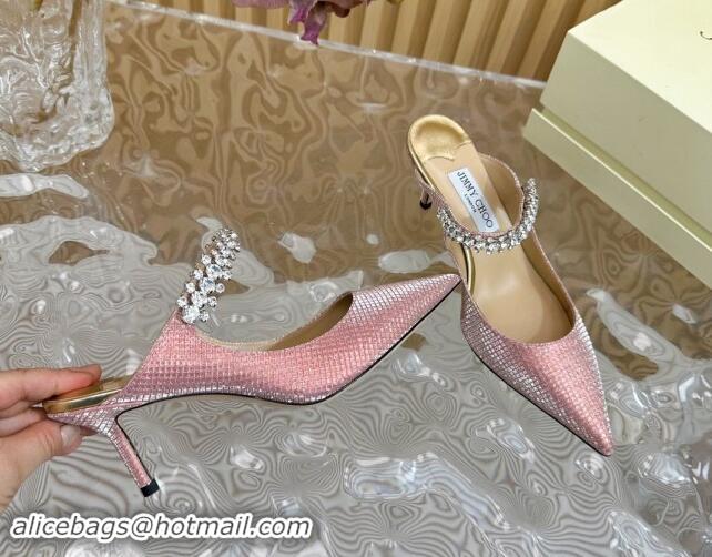 Top Design Jimmy Choo Bing Heel Mules 6.5cm with Strass Strap in Diamond-Glitter Fabric Pink 724040