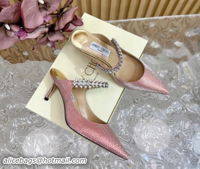 Top Design Jimmy Choo Bing Heel Mules 6.5cm with Strass Strap in Diamond-Glitter Fabric Pink 724040