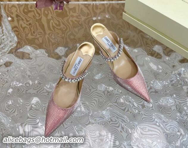 Top Design Jimmy Choo Bing Heel Mules 6.5cm with Strass Strap in Diamond-Glitter Fabric Pink 724040