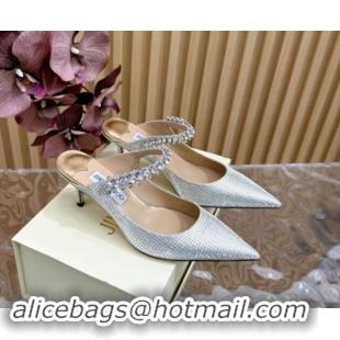 Good Product Jimmy Choo Bing Heel Mules 6.5cm with Strass Strap in Diamond-Glitter Fabric Silver 724041