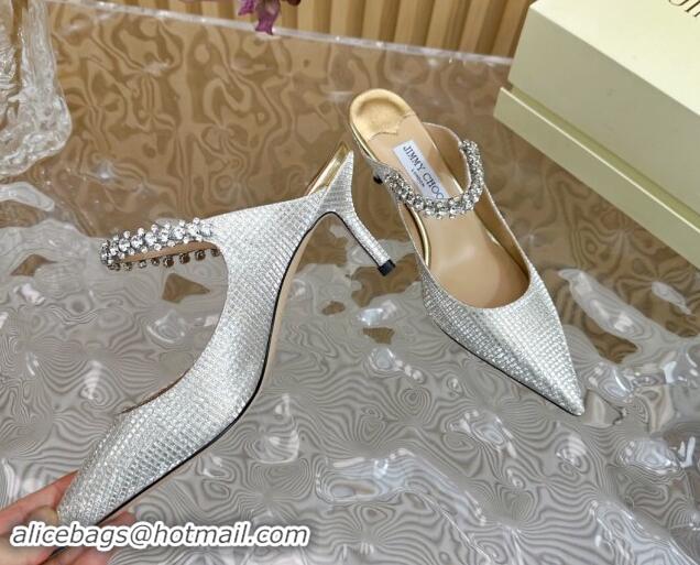 Good Product Jimmy Choo Bing Heel Mules 6.5cm with Strass Strap in Diamond-Glitter Fabric Silver 724041