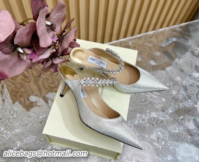 Good Product Jimmy Choo Bing Heel Mules 6.5cm with Strass Strap in Diamond-Glitter Fabric Silver 724041