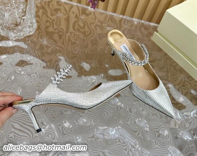 Good Product Jimmy Choo Bing Heel Mules 6.5cm with Strass Strap in Diamond-Glitter Fabric Silver 724041