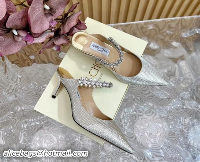 Good Product Jimmy Choo Bing Heel Mules 6.5cm with Strass Strap in Diamond-Glitter Fabric Silver 724041