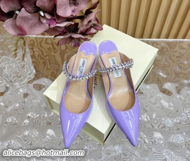 Popular Style Jimmy Choo Bing Heel Mules 6.5cm with Strass Strap in Patent Leather Purple 724042