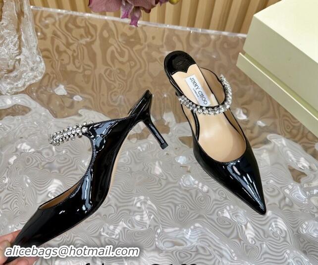 Trendy Design Jimmy Choo Bing Heel Mules 6.5cm with Strass Strap in Patent Leather Black 724043