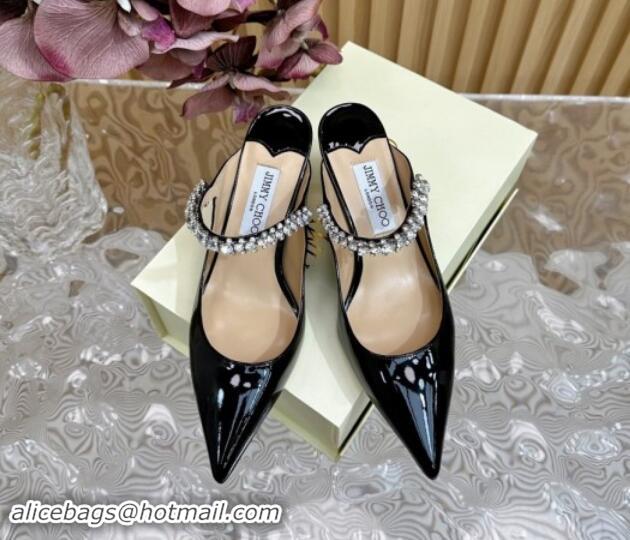 Trendy Design Jimmy Choo Bing Heel Mules 6.5cm with Strass Strap in Patent Leather Black 724043