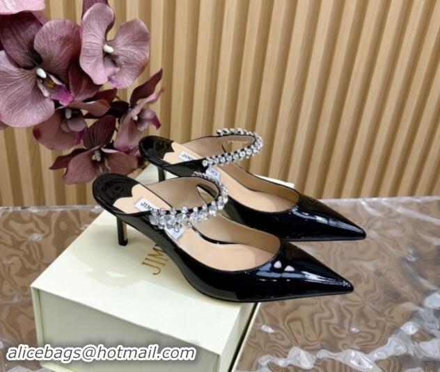 Trendy Design Jimmy Choo Bing Heel Mules 6.5cm with Strass Strap in Patent Leather Black 724043