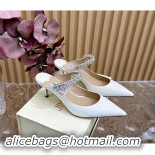 Unique Discount Jimmy Choo Bing Heel Mules 6.5cm with Strass Strap in Patent Leather White 724044