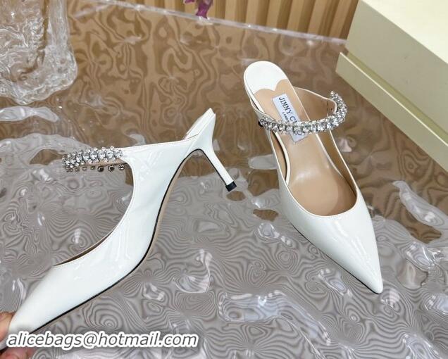 Unique Discount Jimmy Choo Bing Heel Mules 6.5cm with Strass Strap in Patent Leather White 724044