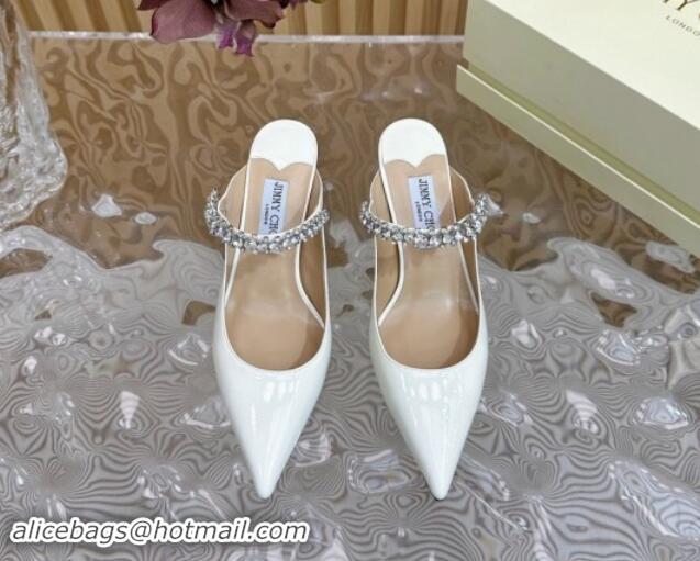 Unique Discount Jimmy Choo Bing Heel Mules 6.5cm with Strass Strap in Patent Leather White 724044