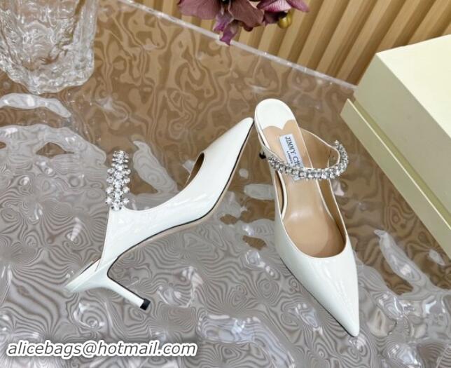 Unique Discount Jimmy Choo Bing Heel Mules 6.5cm with Strass Strap in Patent Leather White 724044