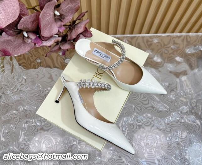 Unique Discount Jimmy Choo Bing Heel Mules 6.5cm with Strass Strap in Patent Leather White 724044