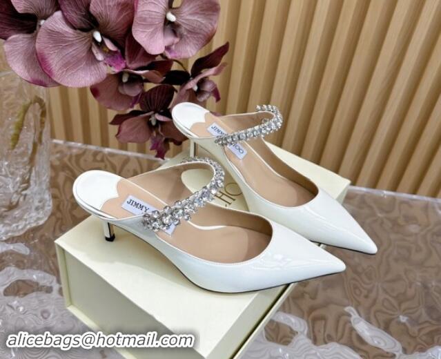 Unique Discount Jimmy Choo Bing Heel Mules 6.5cm with Strass Strap in Patent Leather White 724044