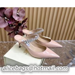 Good Looking Jimmy Choo Bing Heel Mules 6.5cm with Strass Strap in Patent Leather Nude Pink 724045